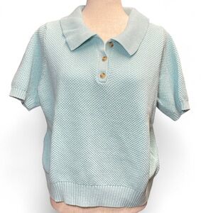 Appleseeds Vintage 90s Womens Petite XL Light Blue Cotton Knitted Polo Shirt
